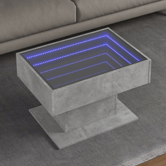 vidaXL Mesa de centro y LED madera ingeniería gris hormigón 70x50x45cm