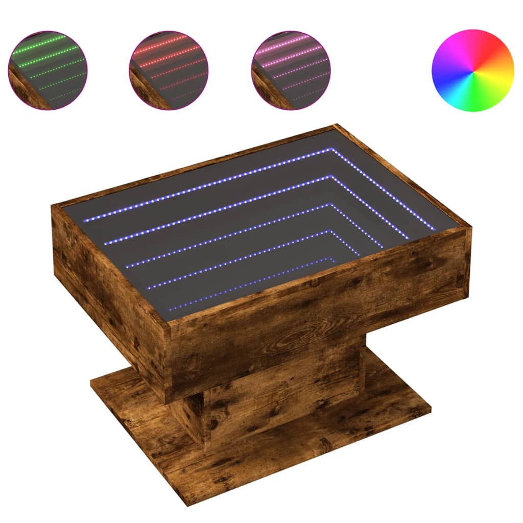 vidaXL Mesa de centro y LED madera ingeniería roble ahumado 70x50x45cm