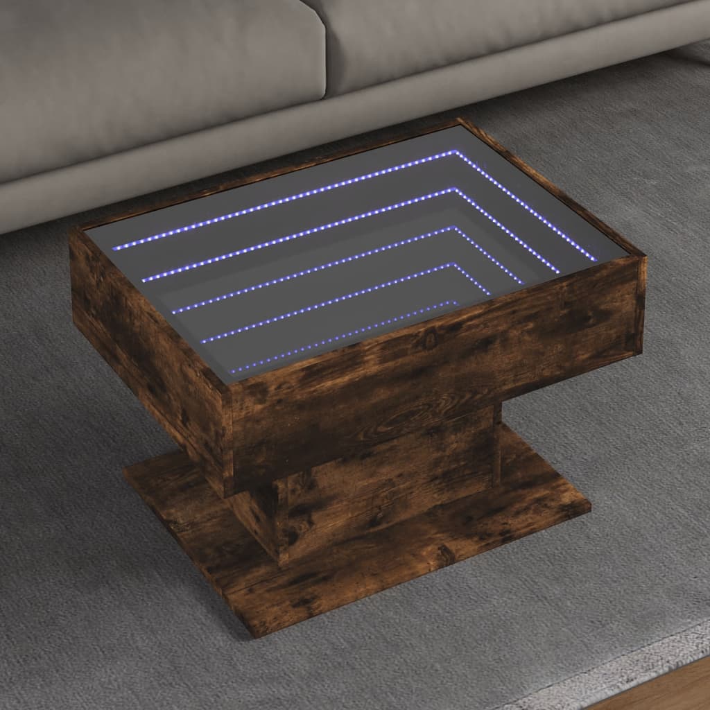 vidaXL Mesa de centro y LED madera ingeniería roble ahumado 70x50x45cm