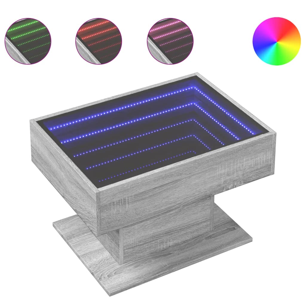 vidaXL Mesa de centro y LED madera ingeniería gris Sonoma 70x50x45 cm