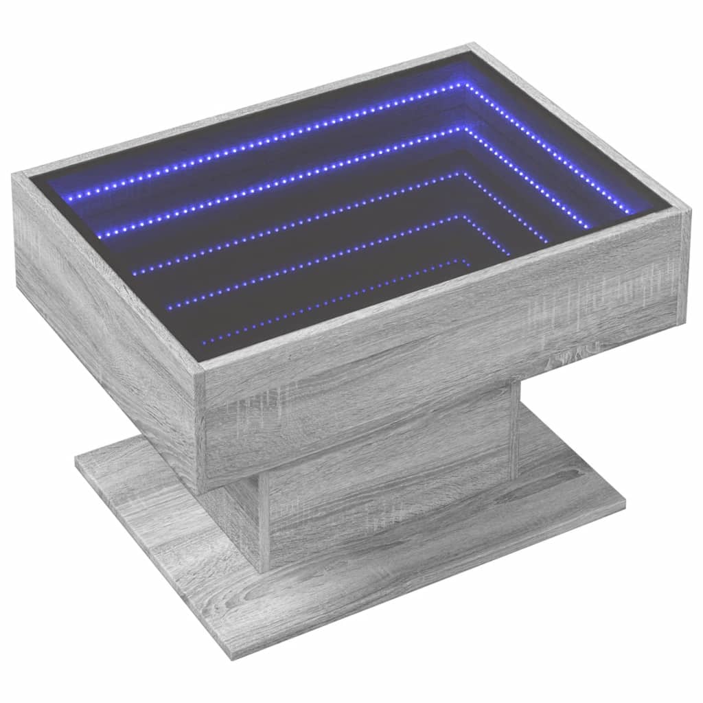 vidaXL Mesa de centro y LED madera ingeniería gris Sonoma 70x50x45 cm