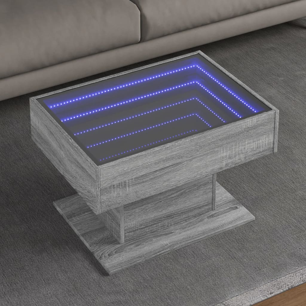 vidaXL Mesa de centro y LED madera ingeniería gris Sonoma 70x50x45 cm