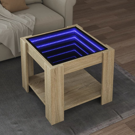 vidaXL Mesa de centro y LED madera ingeniería roble Sonoma 53x53x45 cm