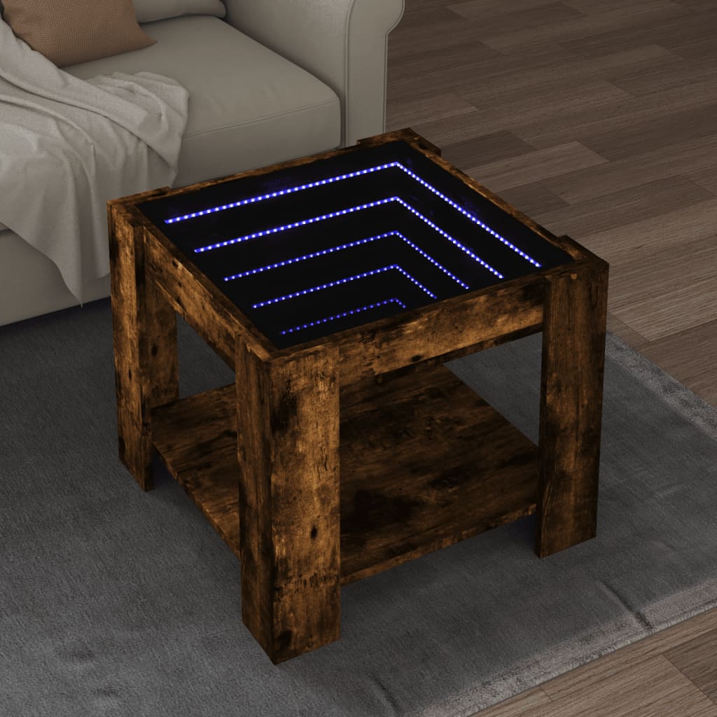 vidaXL Mesa de centro y LED madera ingeniería roble ahumado 53x53x45cm