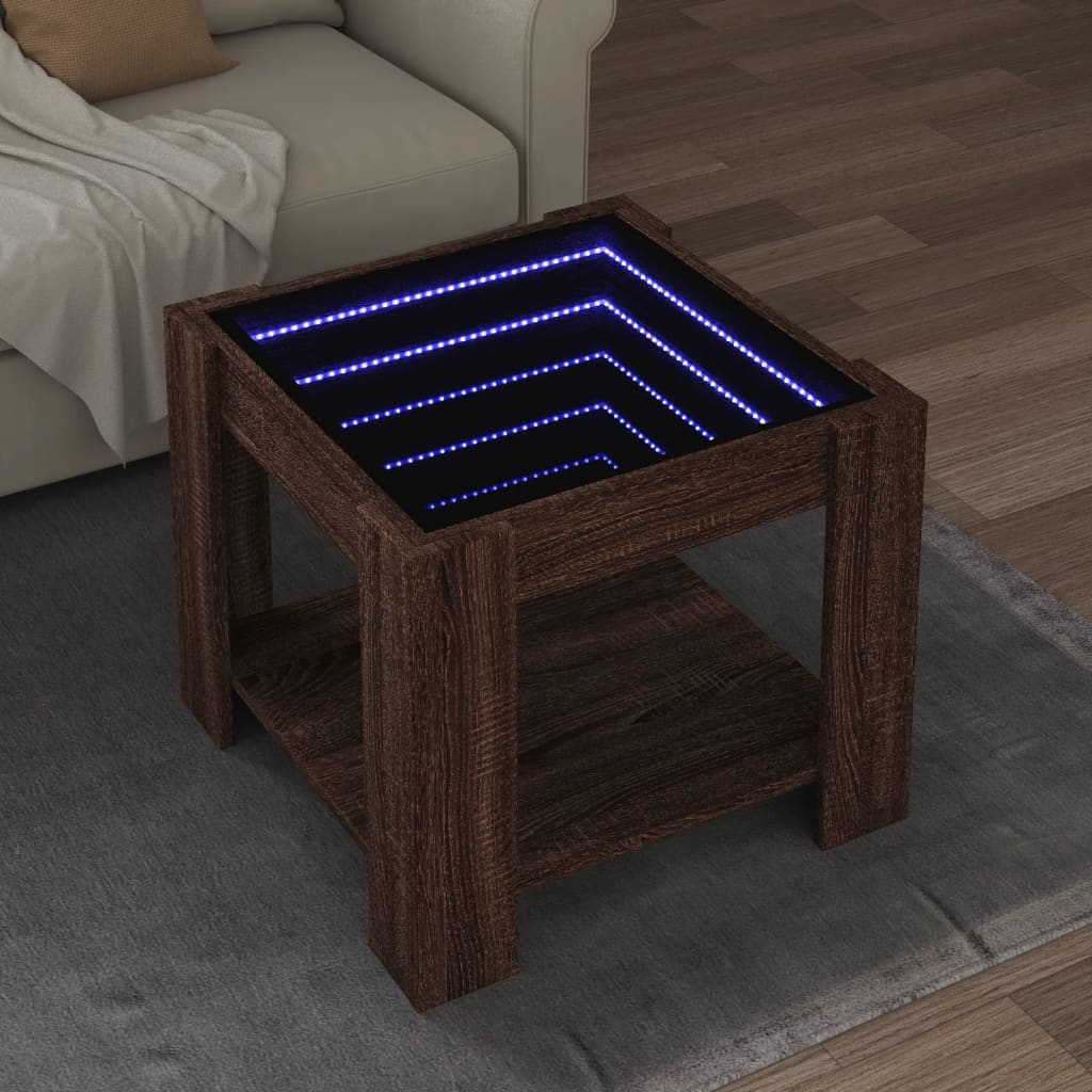 vidaXL Mesa de centro y LED madera ingeniería marrón roble 53x53x45 cm