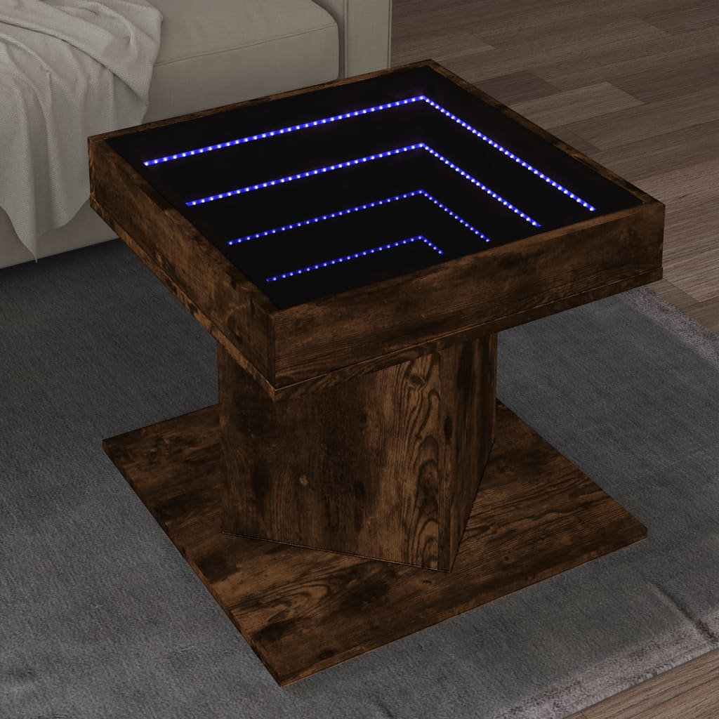 vidaXL Mesa de centro y LED madera ingeniería roble ahumado 50x50x45cm