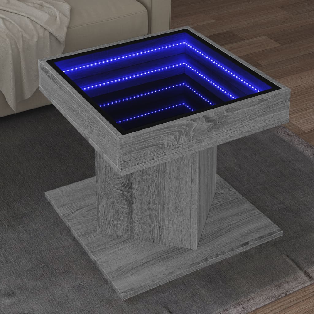 vidaXL Mesa de centro y LED madera ingeniería gris Sonoma 50x50x45 cm