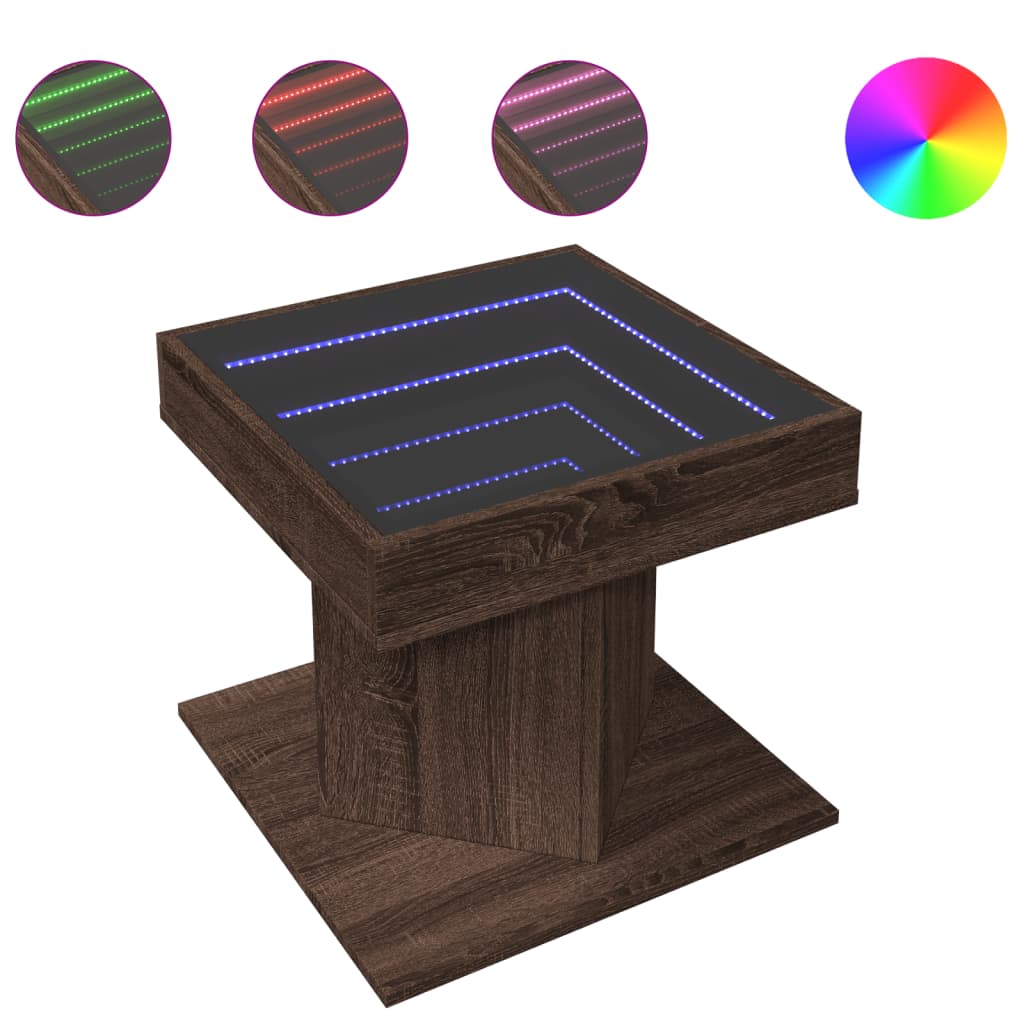 vidaXL Mesa de centro y LED madera ingeniería marrón roble 50x50x45 cm