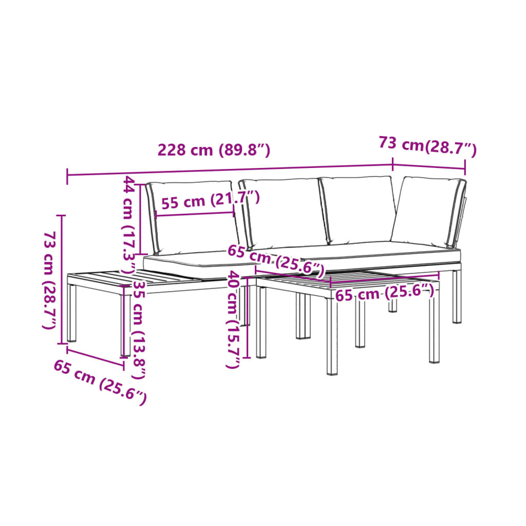 vidaXL Set de sofás de jardín con cojines 3 piezas aluminio negro