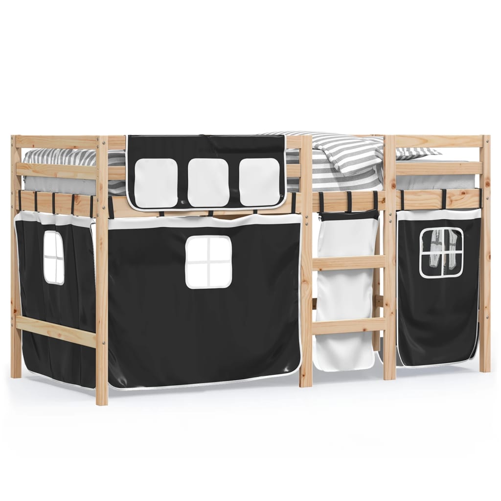 vidaXL Cama alta niños con cortinas madera pino blanco negro 80x200 cm