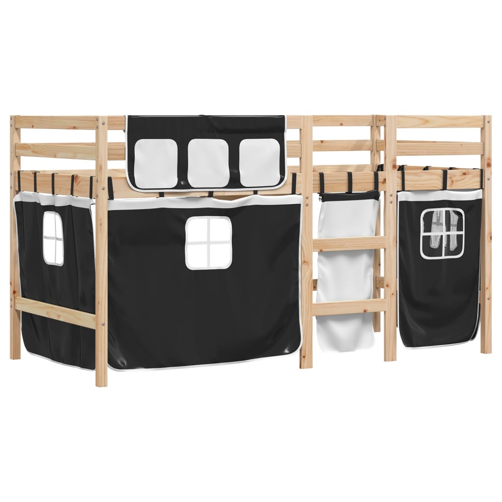 vidaXL Cama alta niños con cortinas madera pino blanco negro 80x200 cm