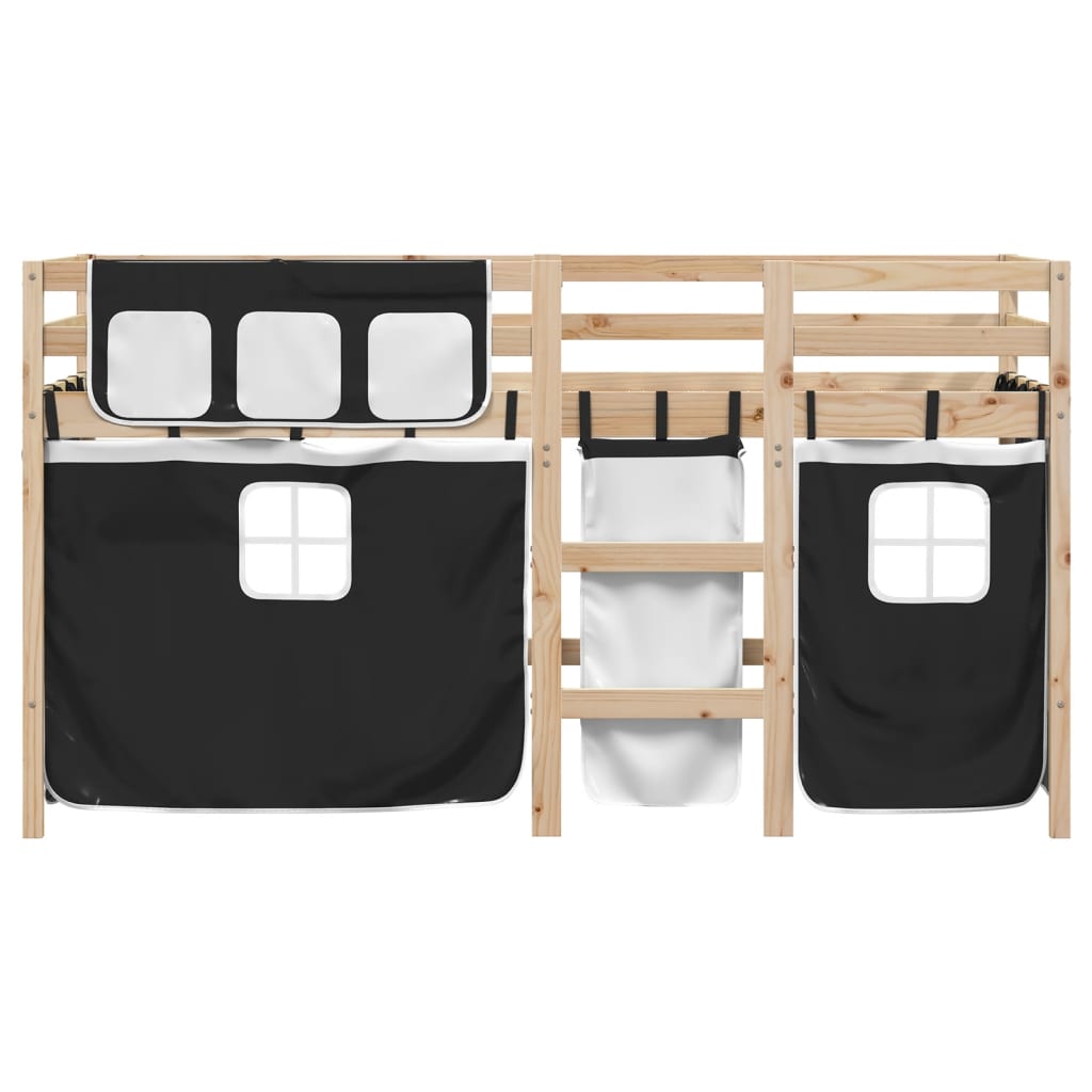 vidaXL Cama alta niños con cortinas madera pino blanco negro 80x200 cm