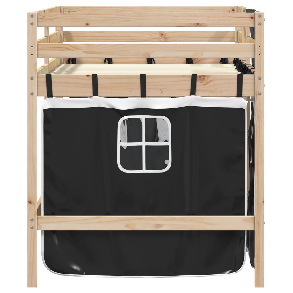 vidaXL Cama alta niños con cortinas madera pino blanco negro 80x200 cm