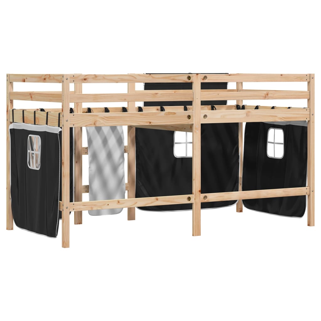 vidaXL Cama alta niños con cortinas madera pino blanco negro 80x200 cm