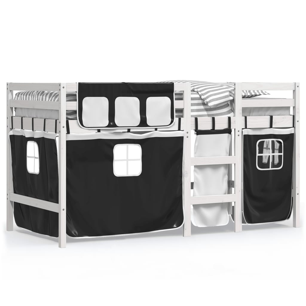 vidaXL Cama alta niños con cortinas madera pino blanco negro 80x200 cm