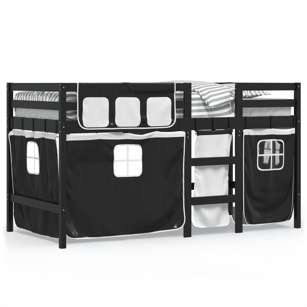 vidaXL Cama alta niños con cortinas madera pino blanco negro 80x200 cm