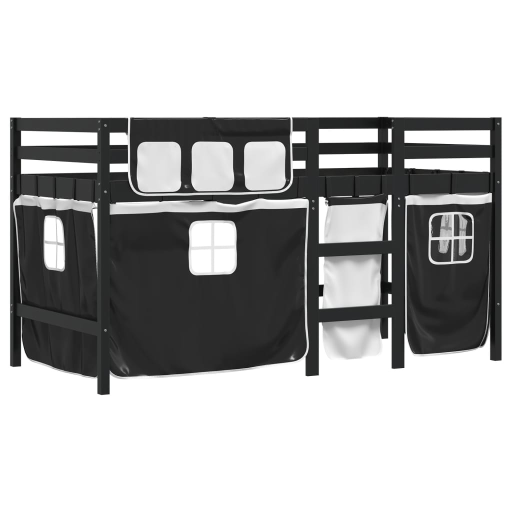 vidaXL Cama alta niños con cortinas madera pino blanco negro 80x200 cm