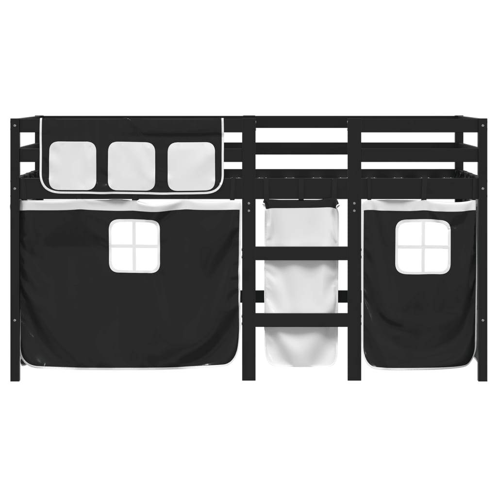 vidaXL Cama alta niños con cortinas madera pino blanco negro 80x200 cm