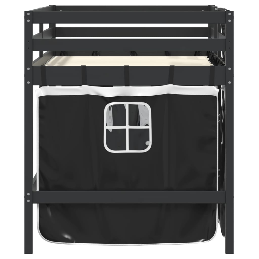 vidaXL Cama alta niños con cortinas madera pino blanco negro 80x200 cm