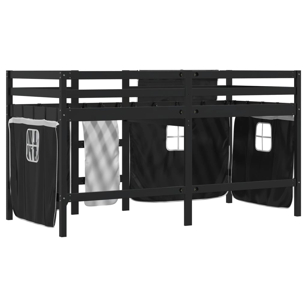 vidaXL Cama alta niños con cortinas madera pino blanco negro 80x200 cm