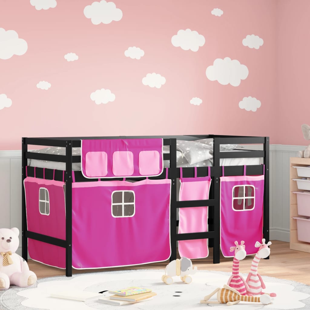 vidaXL Cama alta para niños con cortinas madera pino rosa 80x200 cm