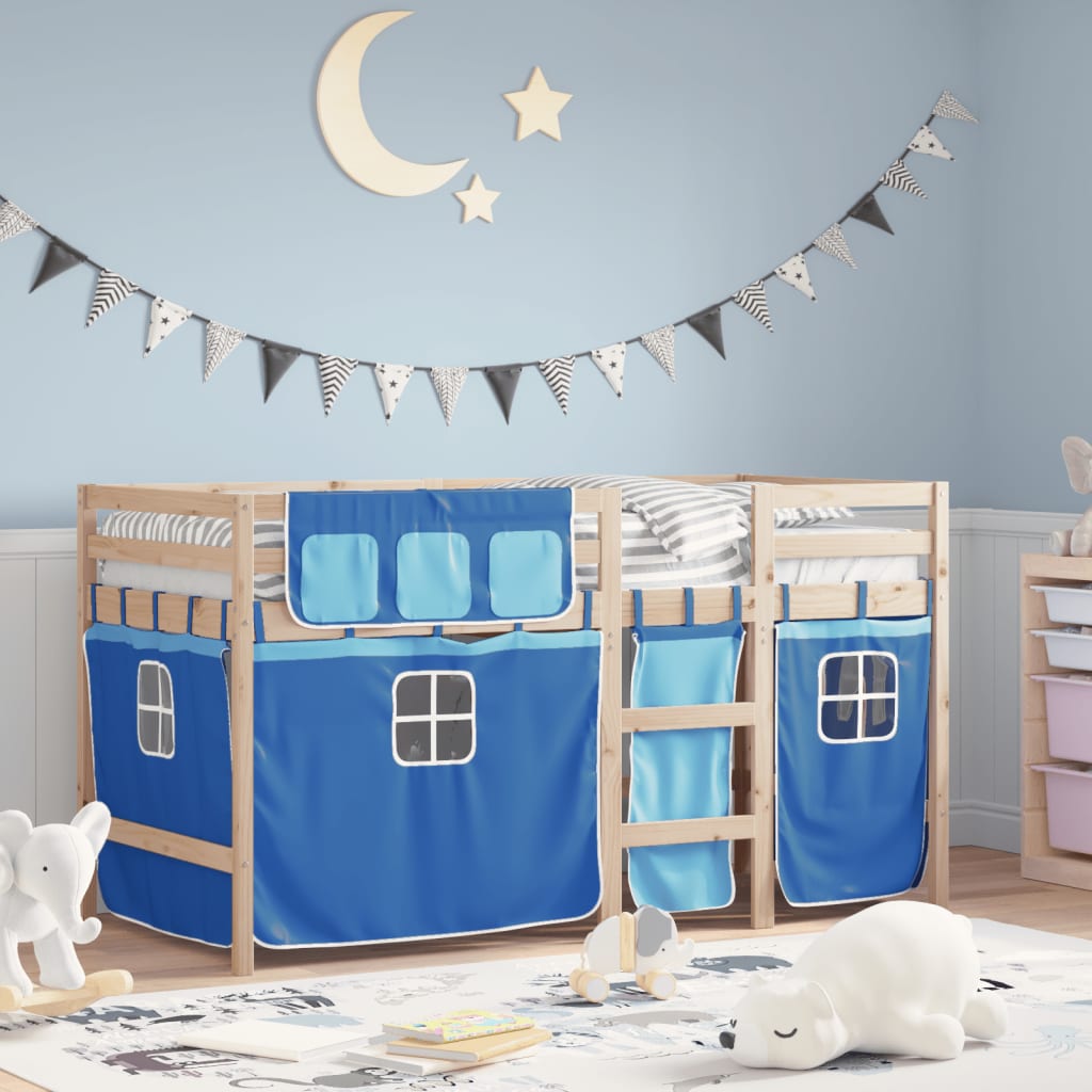 vidaXL Cama alta para niños con cortinas madera pino azul 90x200 cm