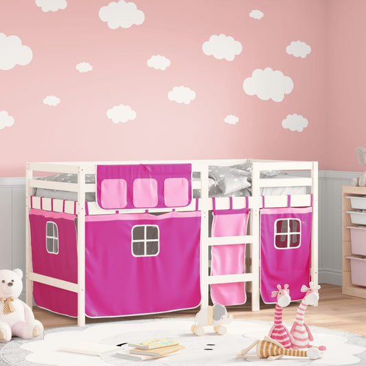 vidaXL Cama alta para niños con cortinas madera pino rosa 90x200 cm