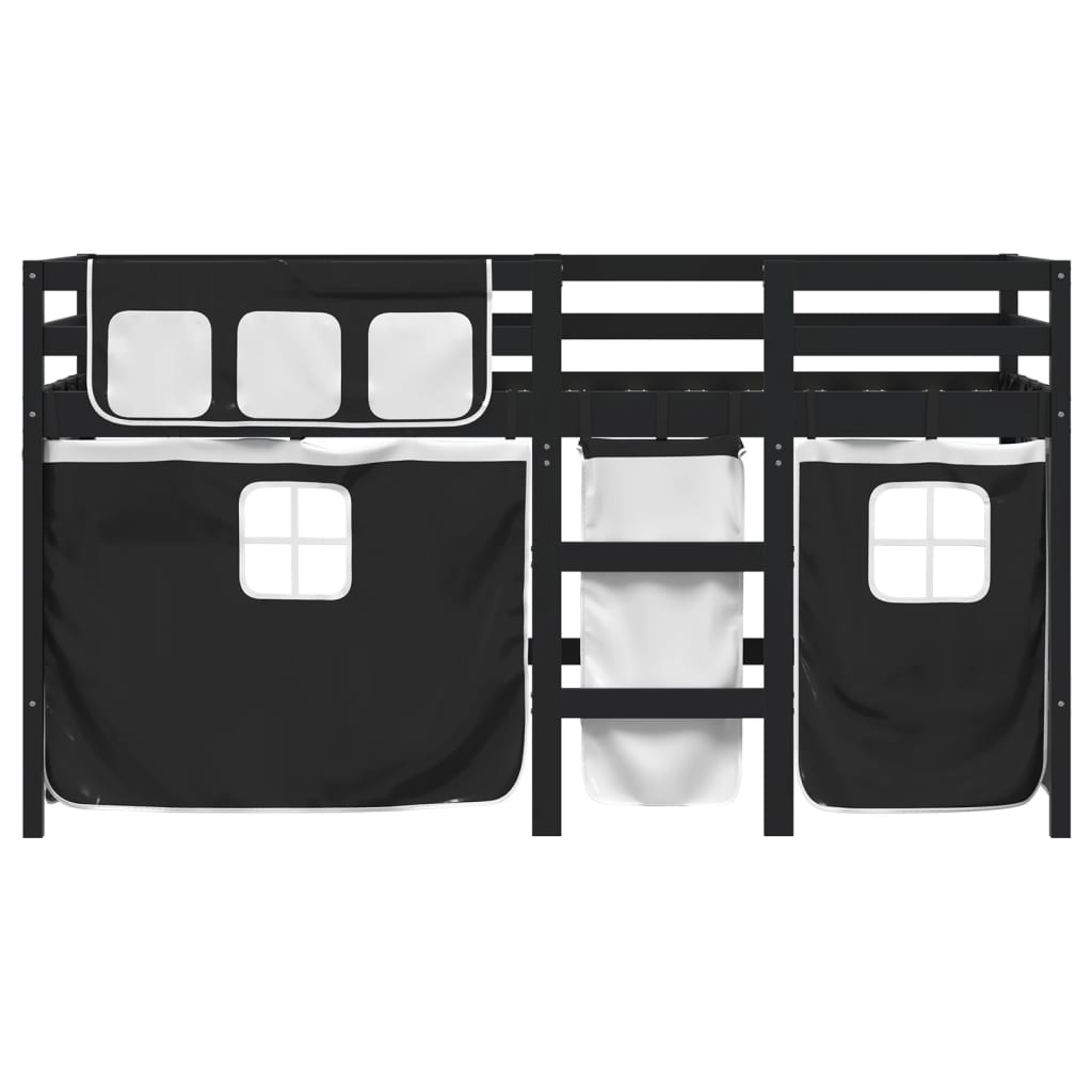 vidaXL Cama alta niños con cortinas madera pino blanco negro 90x190 cm