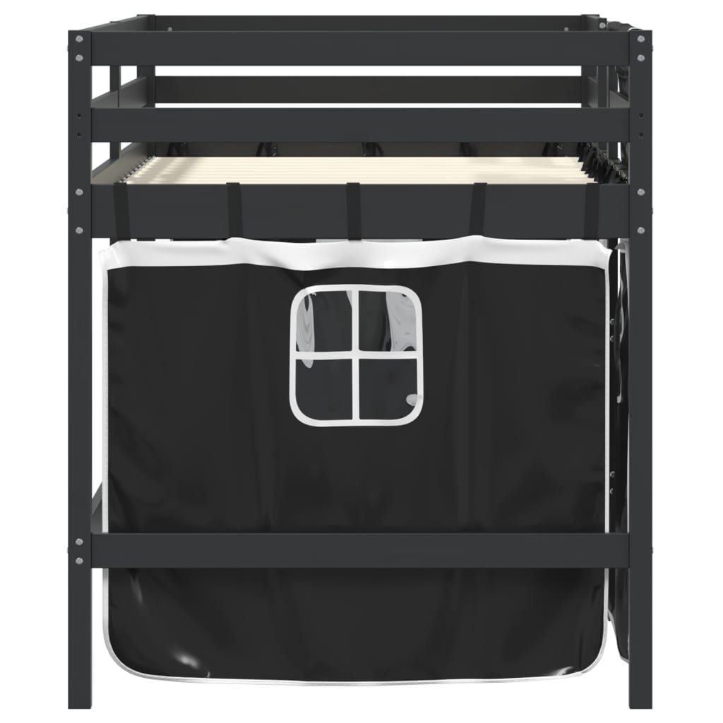 vidaXL Cama alta niños con cortinas madera pino blanco negro 90x190 cm