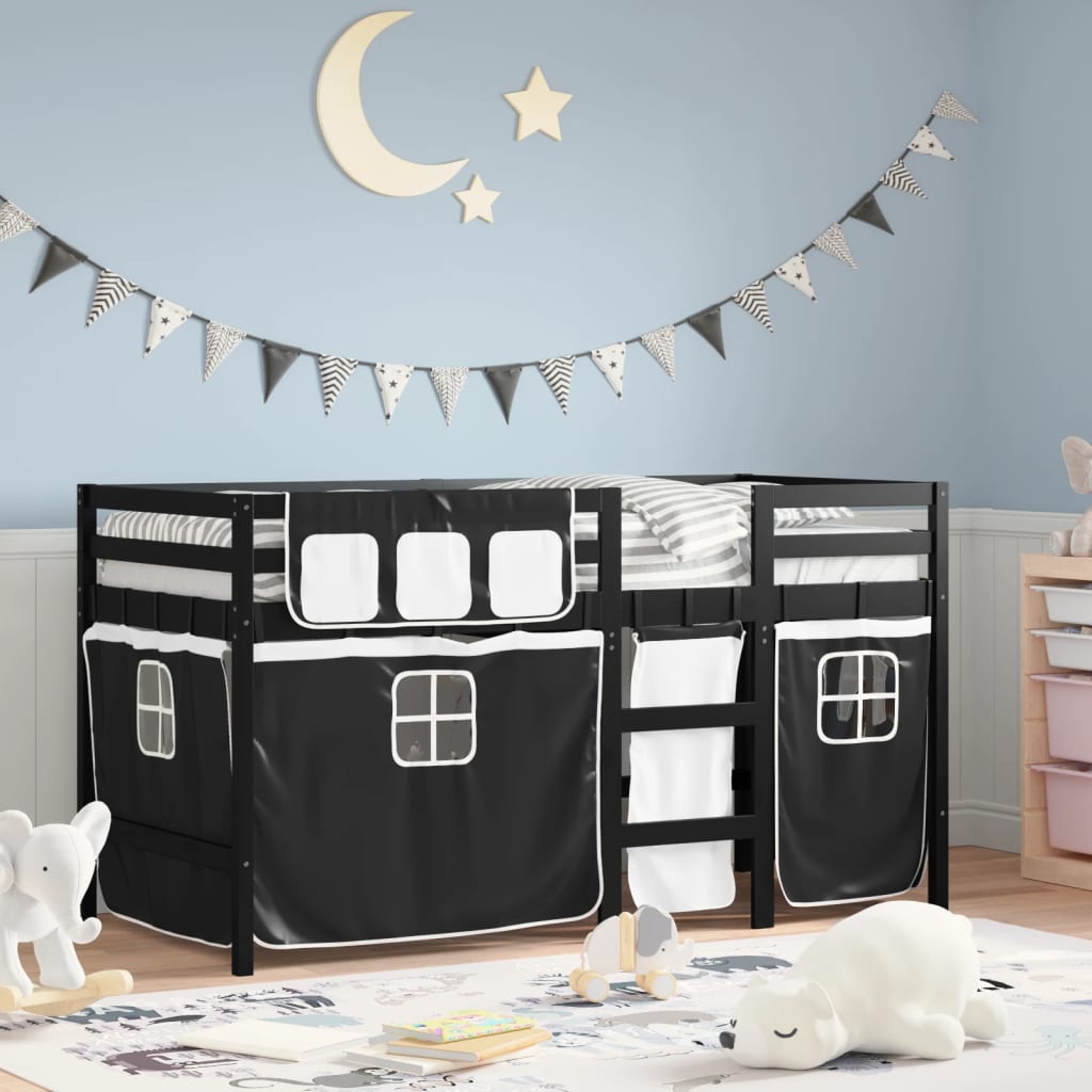 vidaXL Cama alta niños con cortinas madera pino blanco negro 90x190 cm