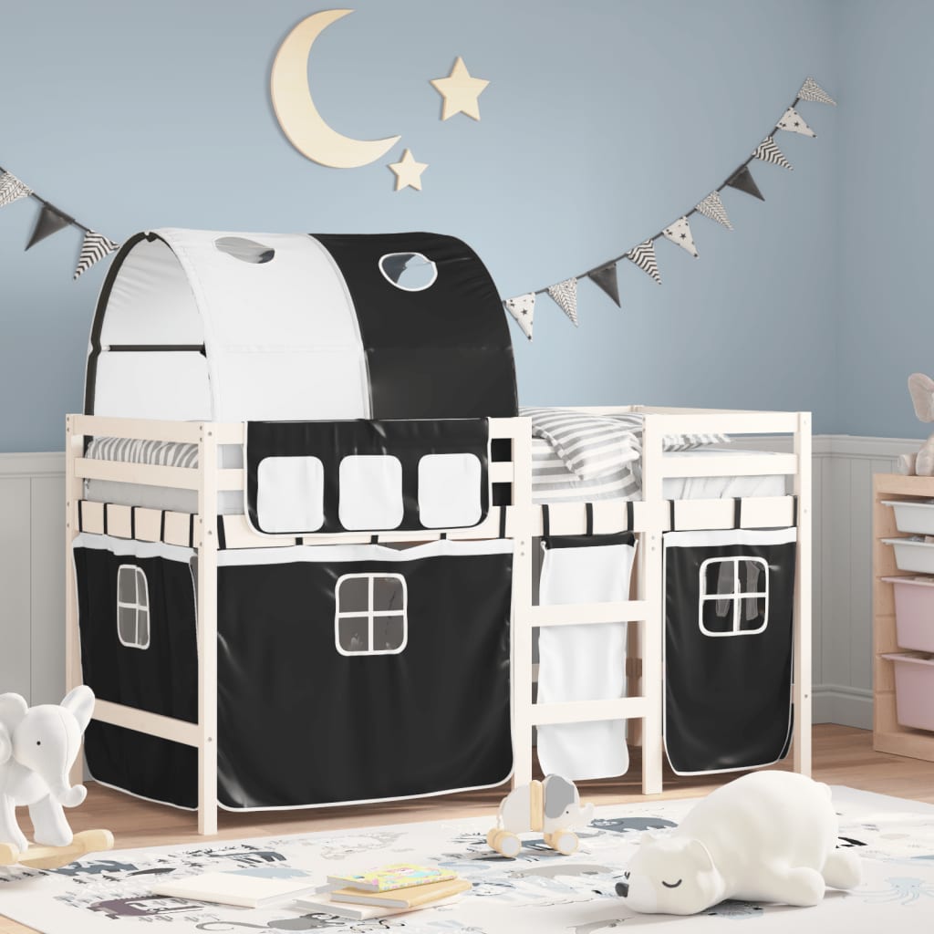 vidaXL Cama alta niños con túnel madera pino blanco negro 90x190 cm