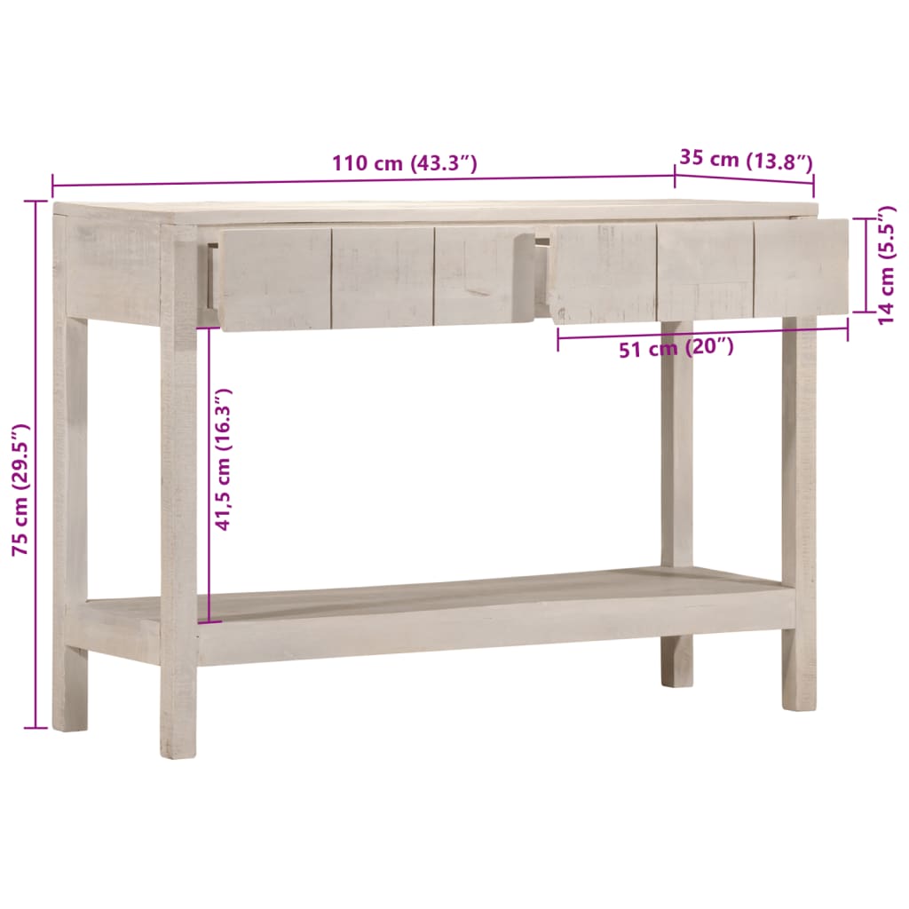 vidaXL Mesa consola madera maciza de mango blanco 110x35x75 cm