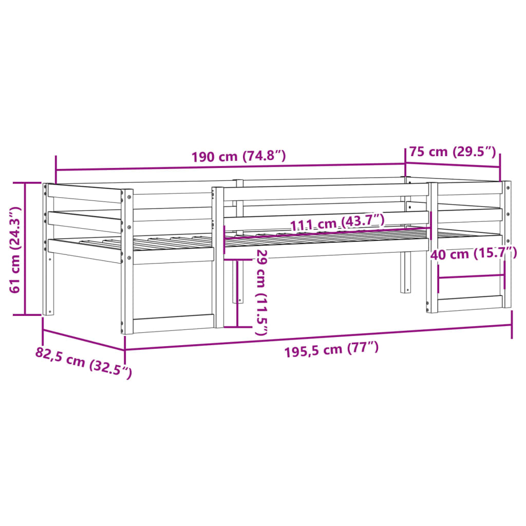 vidaXL Estructura de cama de niños madera maciza pino blanco 75x190 cm