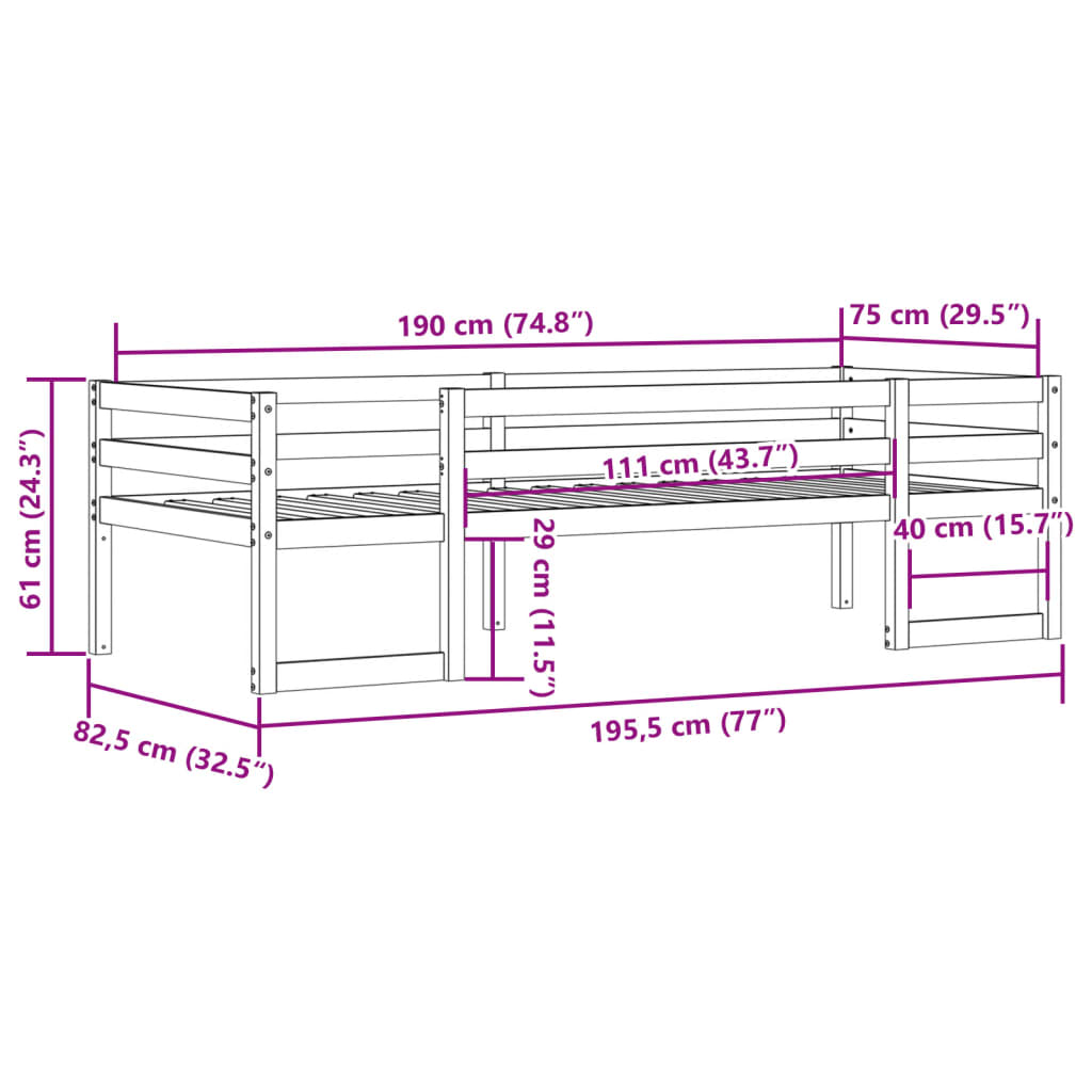 vidaXL Estructura de cama de niños madera maciza pino marrón 75x190 cm