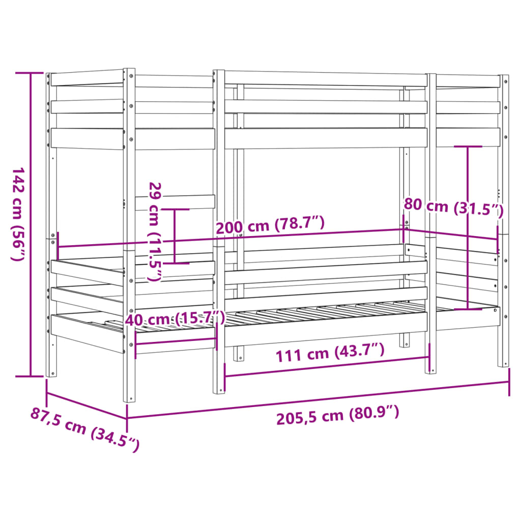 vidaXL Litera de madera maciza de pino 80x200 cm