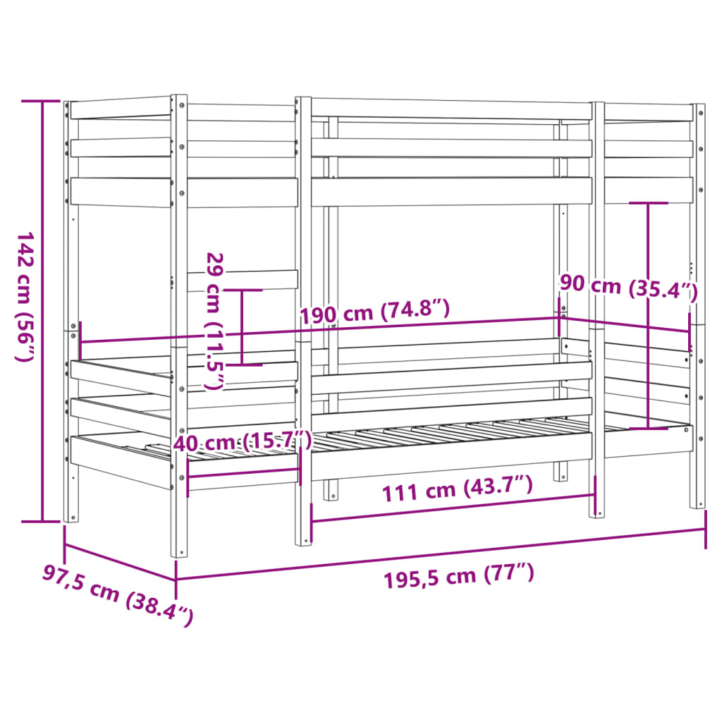 vidaXL Cama litera sin colchón madera maciza de pino 90x190 cm