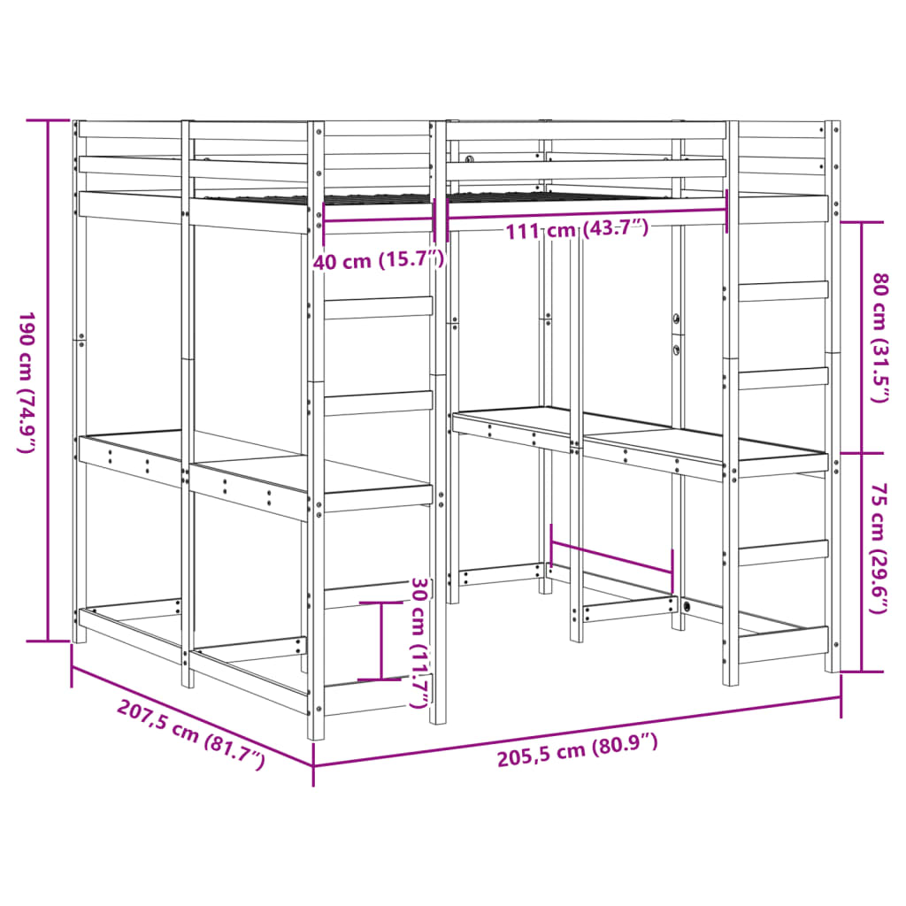 vidaXL Cama alta con escritorio y escalera madera maciza 200x200 cm