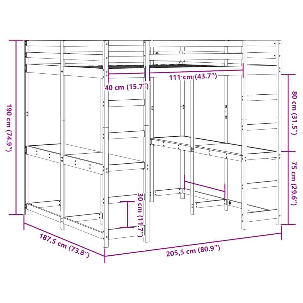 vidaXL Cama alta con escritorio y escalera madera blanca 180x200 cm