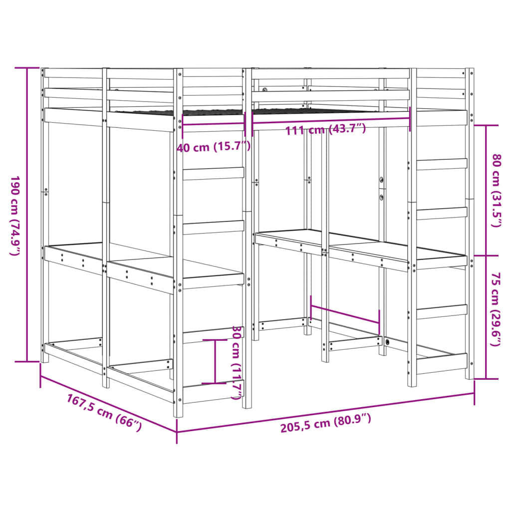 vidaXL Cama alta con escritorio y escalera madera blanca 160x200 cm