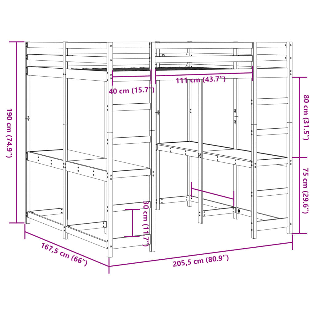 vidaXL Cama alta con escritorio y escalera madera marrón 160x200 cm