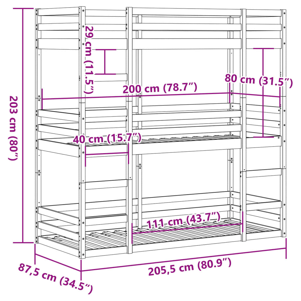 vidaXL Litera triple de madera maciza de pino marrón cera 80x200 cm