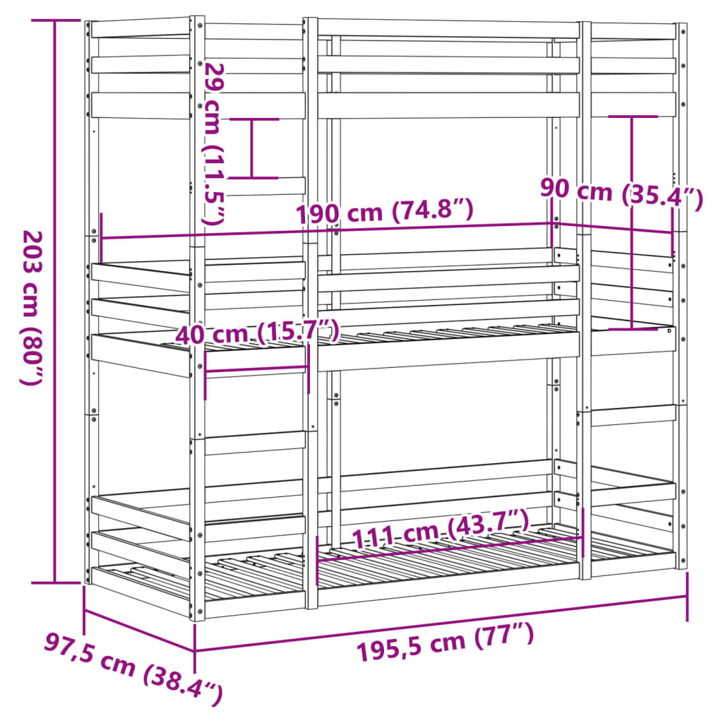 vidaXL Litera triple de madera maciza de pino 90x200 cm