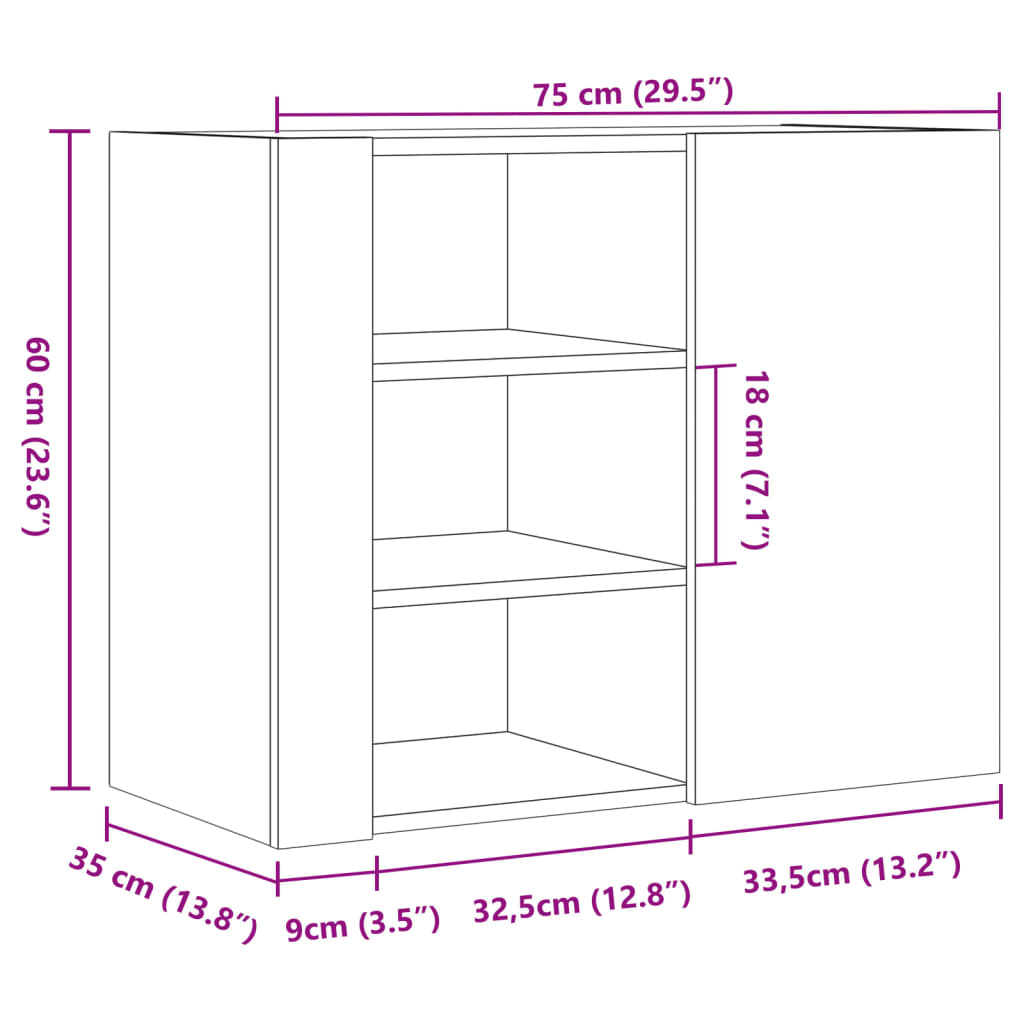 vidaXL Armario de pared madera de ingeniería marrón roble 75x35x60 cm