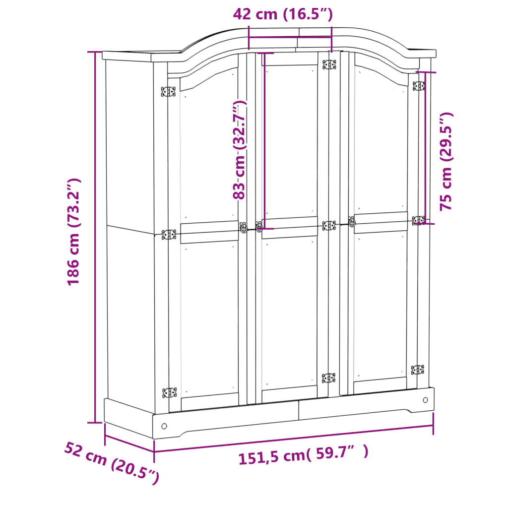 vidaXL Armario Corona madera maciza de pino 151,5x52x186 cm