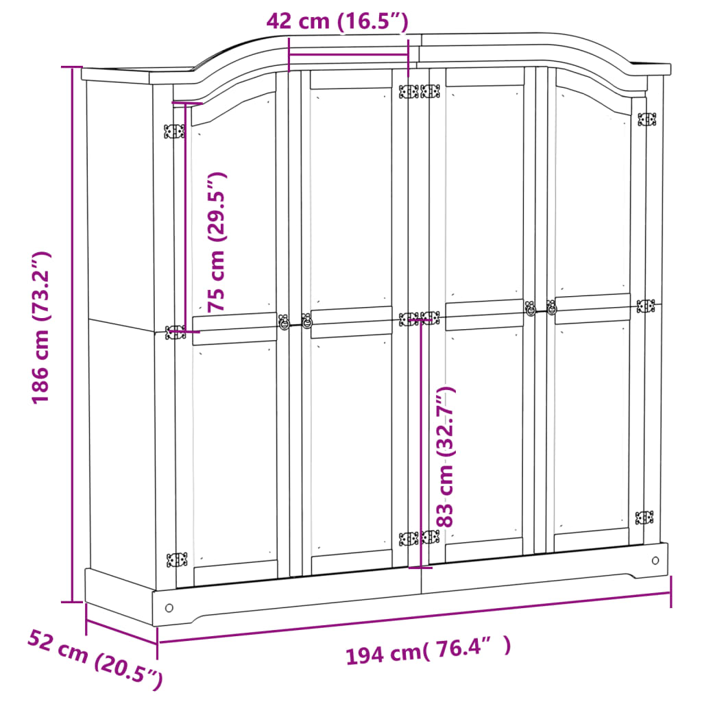 vidaXL Armario Corona madera maciza de pino 194x52x186 cm