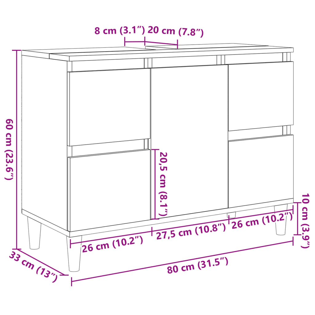 vidaXL Armario de lavabo madera contrachapada roble Sonoma 80x33x60 cm