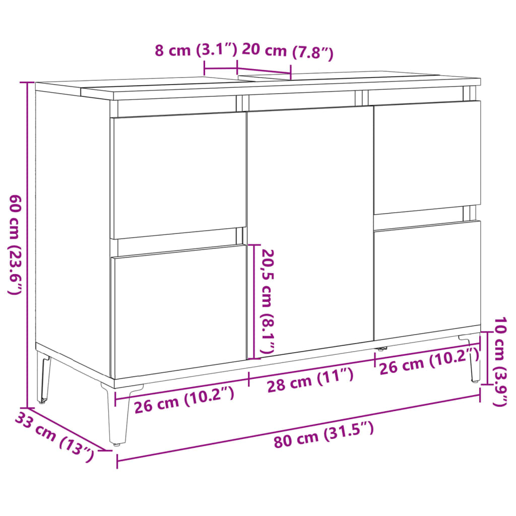 vidaXL Armario de lavabo madera contrachapada roble Sonoma 80x33x60 cm