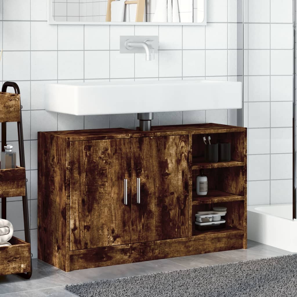 vidaXL Armario de lavabo madera ingeniería roble ahumado 90x29x55 cm