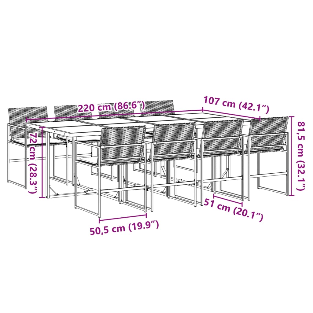 vidaXL Set de comedor de jardín 9 pzas y cojines ratán sintético negro