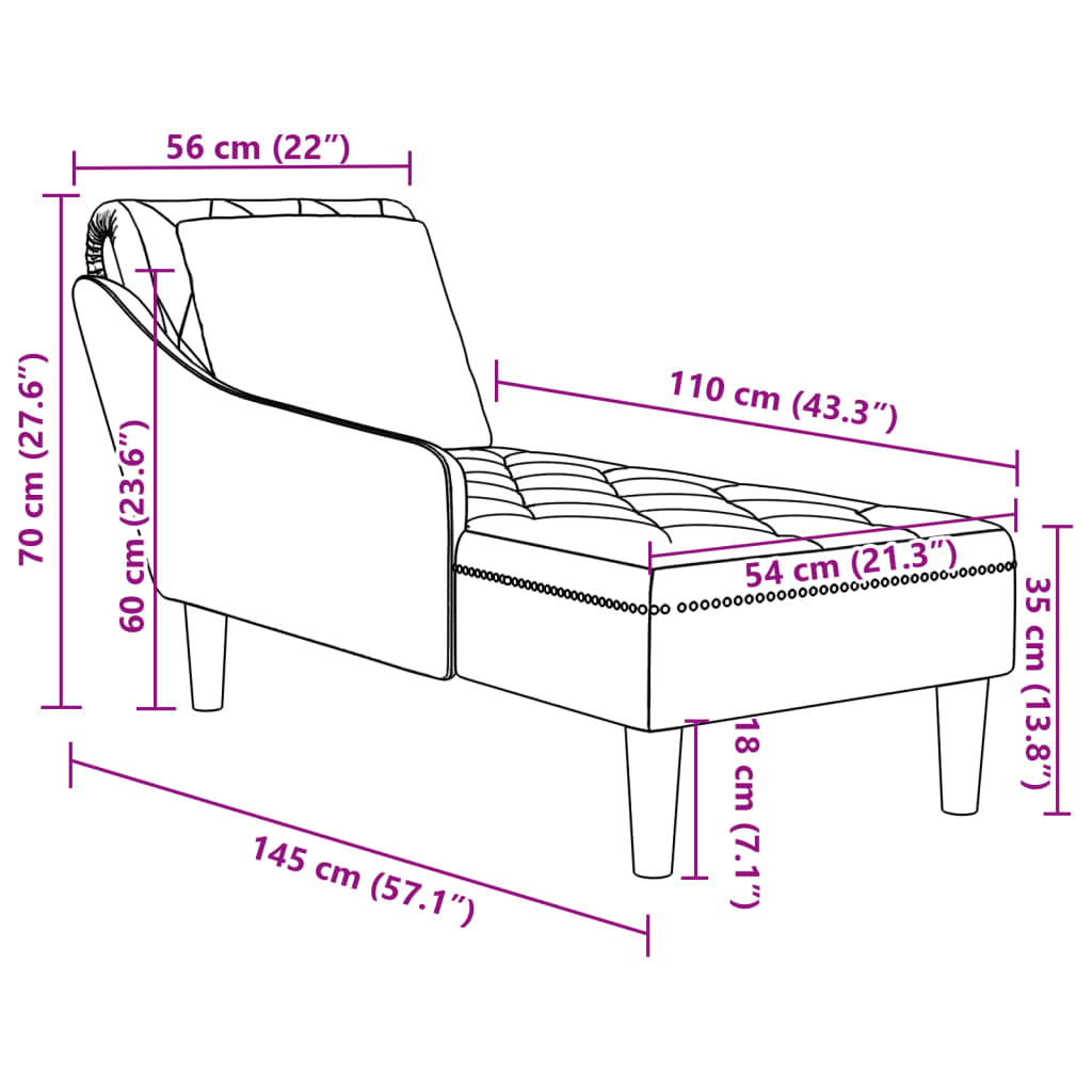 vidaXL Tumbona almohada y reposabrazo derecho terciopelo gris claro